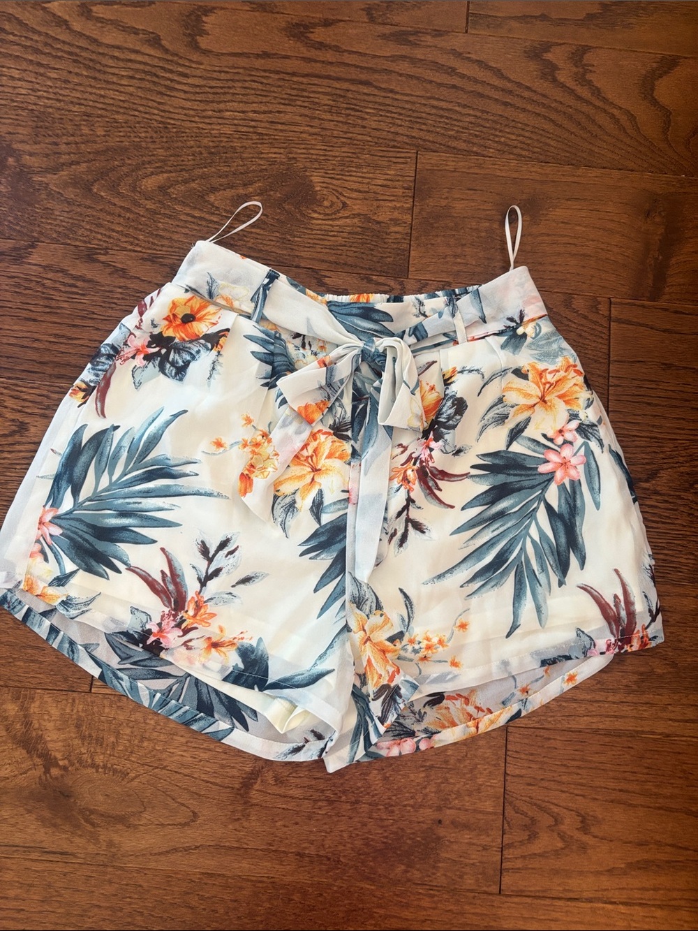 Fashion Nova Cream Floral Tie-Waist Shorts with Teal and Orange Print